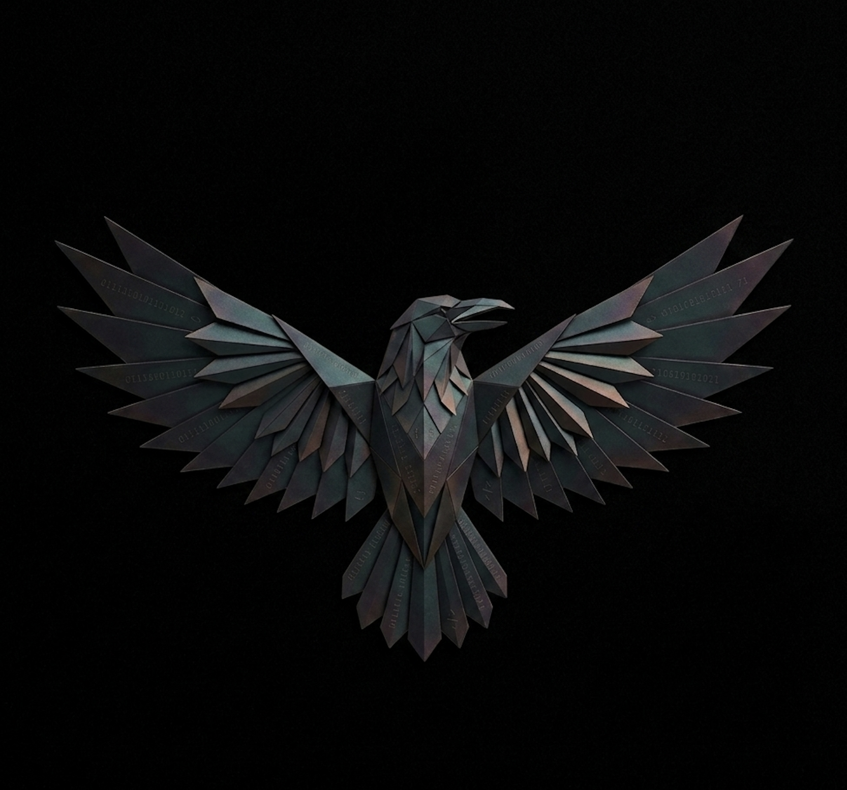 The crow_code_ mark : a geometric paper crow with wings spread, etched with binary signal